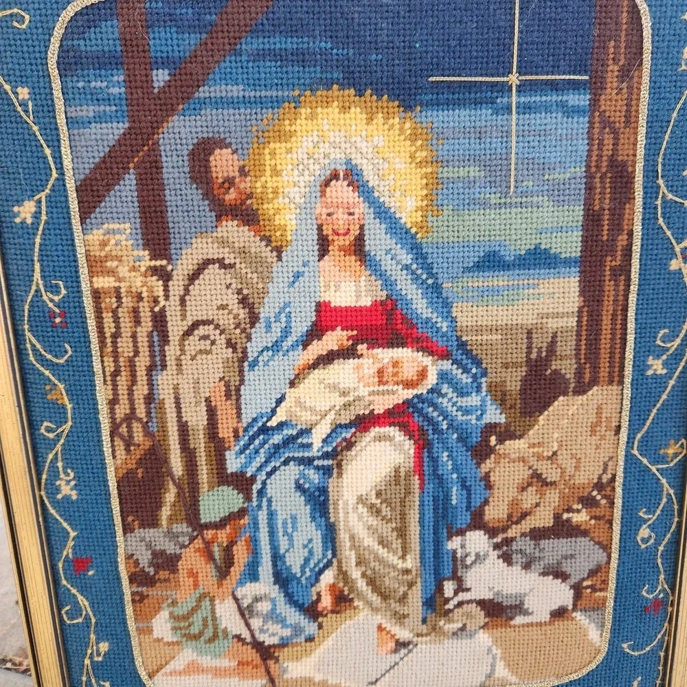 Vtg Nativity Scene Needlepoint Finished art‎ Framed 15.5 X 19.5